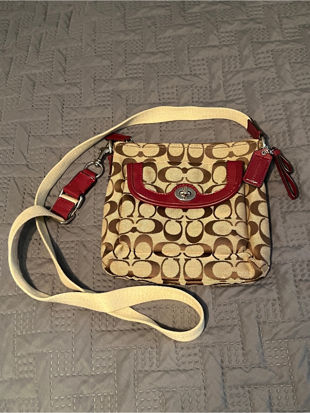 Coach Beige Signature Canvas Crossbody with Red Trim